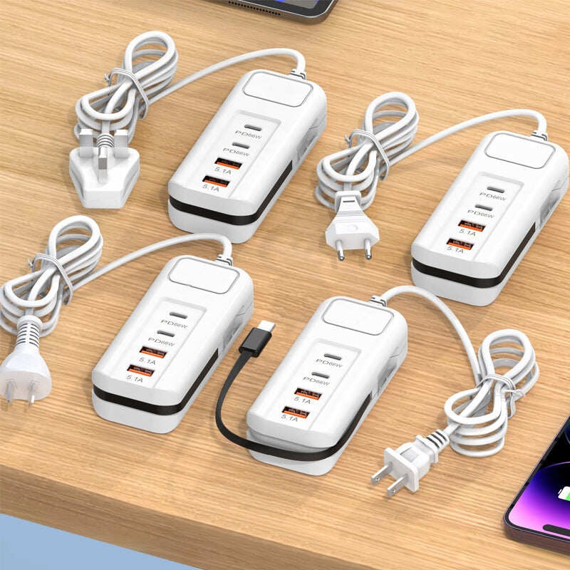 2026 Hot New Arrivals – Multi-Function Fast Charger 2PD + 2USB! 66W, Built-in Type-C Cable, Safely Charges 4 Devices Simultaneously