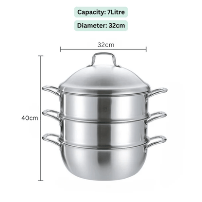 Multi-Purpose Stainless Steel 3-Tier Steaming Pot (32cm)