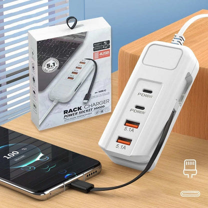 2026 Hot New Arrivals – Multi-Function Fast Charger 2PD + 2USB! 66W, Built-in Type-C Cable, Safely Charges 4 Devices Simultaneously