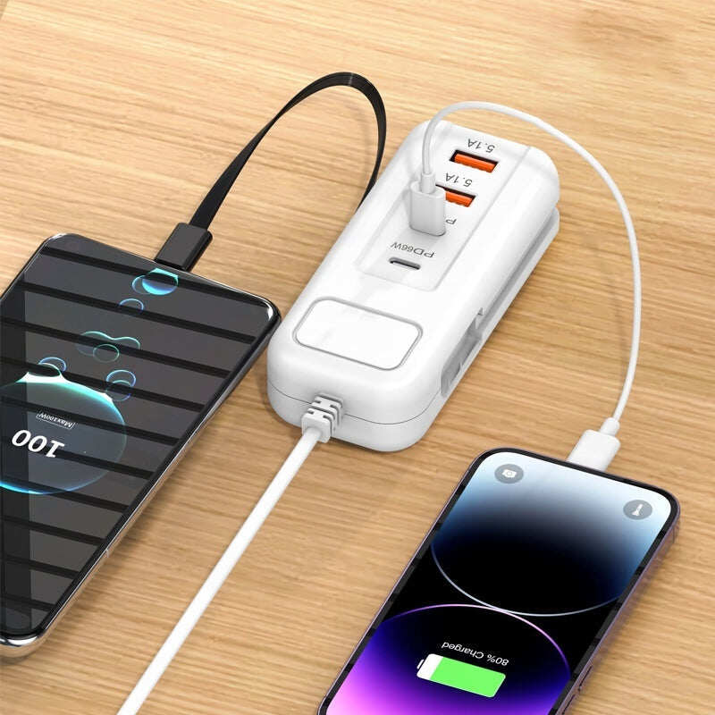 2026 Hot New Arrivals – Multi-Function Fast Charger 2PD + 2USB! 66W, Built-in Type-C Cable, Safely Charges 4 Devices Simultaneously