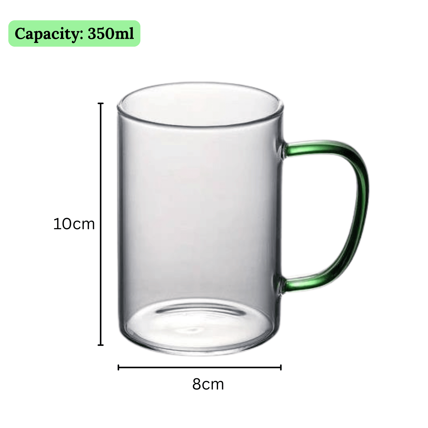 Multi-Purpose Transparent Borosilicate Glass Mug with Colorful Handle – 350ml