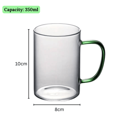 Multi-Purpose Transparent Borosilicate Glass Mug with Colorful Handle – 350ml