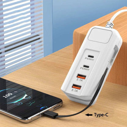 2026 Hot New Arrivals – Multi-Function Fast Charger 2PD + 2USB! 66W, Built-in Type-C Cable, Safely Charges 4 Devices Simultaneously