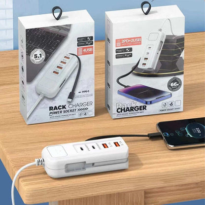 2026 Hot New Arrivals – Multi-Function Fast Charger 2PD + 2USB! 66W, Built-in Type-C Cable, Safely Charges 4 Devices Simultaneously