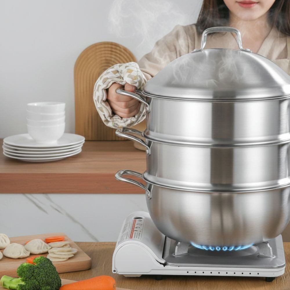 Multi-Purpose Stainless Steel 3-Tier Steaming Pot (32cm)