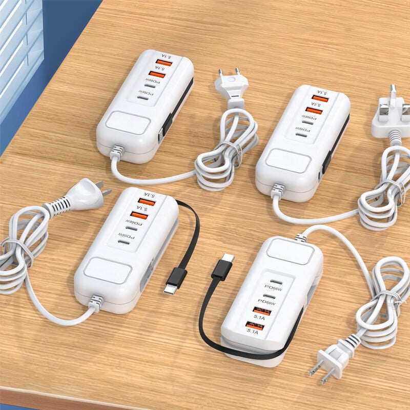 2026 Hot New Arrivals – Multi-Function Fast Charger 2PD + 2USB! 66W, Built-in Type-C Cable, Safely Charges 4 Devices Simultaneously